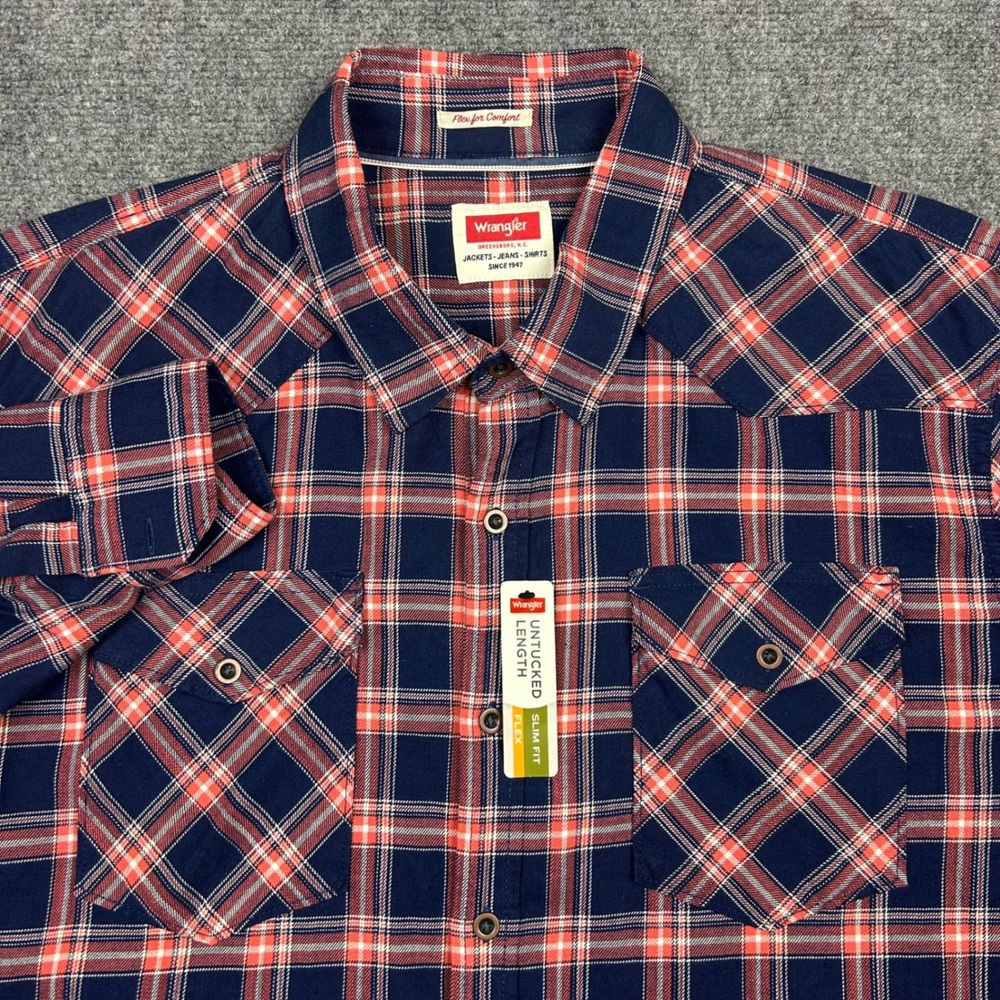 Wrangler Western Shirt Mens 2XL Navy Red Plaid Slim Fit Untucked Flex Snap Front